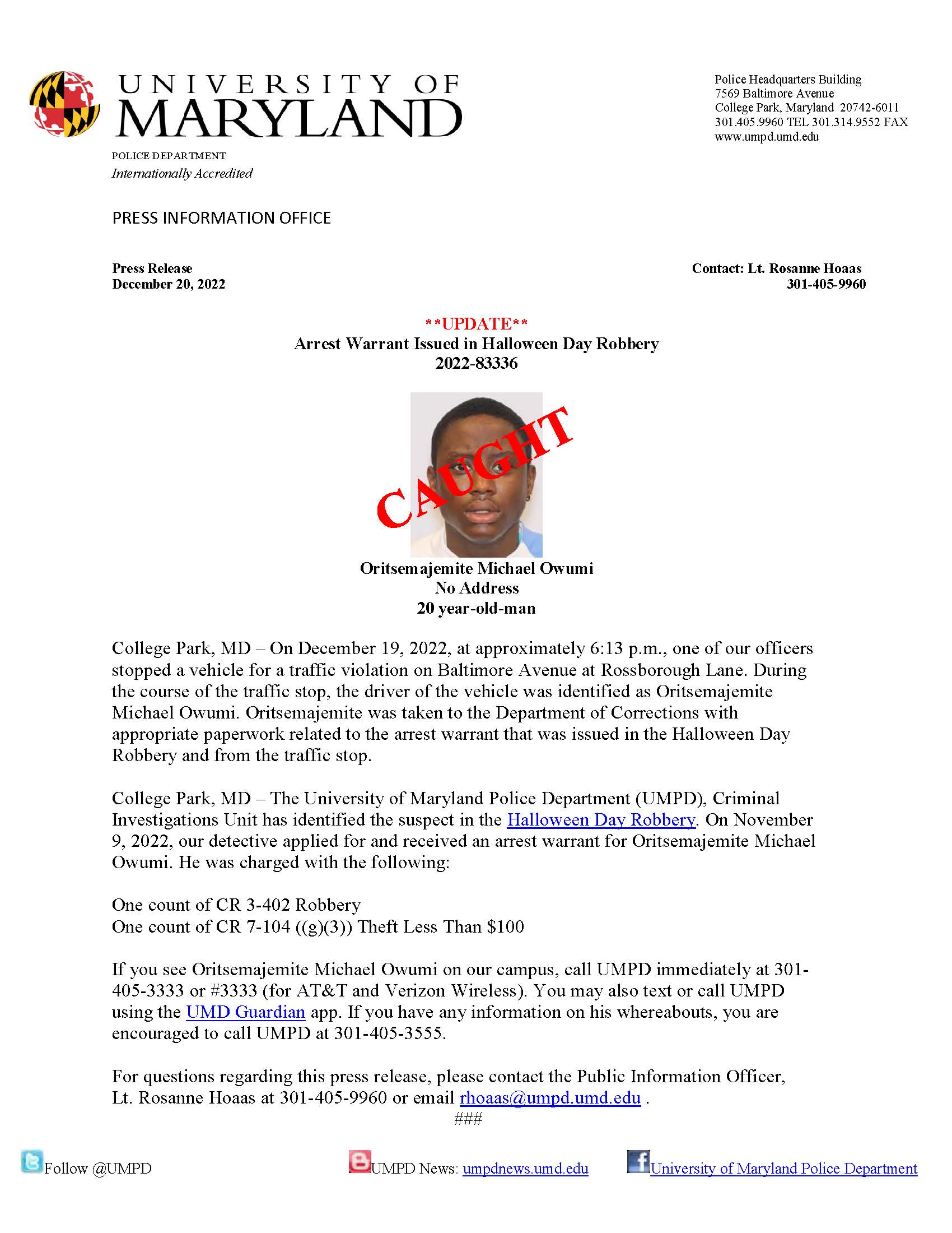 UMPD Press Release 12/20/2022 UMPD News